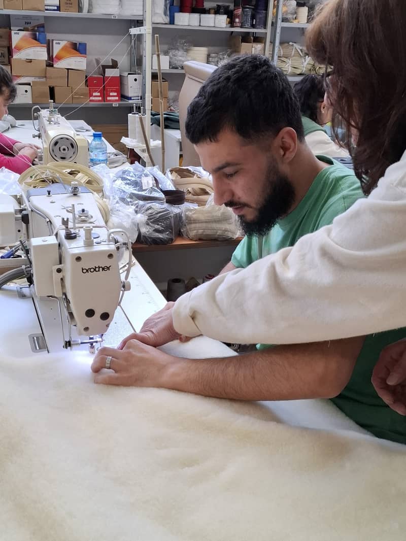 Sewing a wool yoga mat cover in the atelier