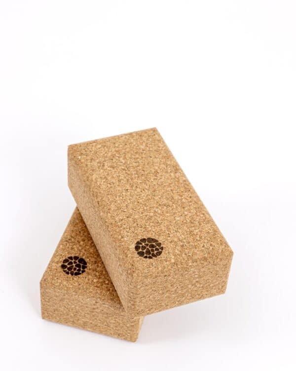 Two Pierre Sports eco-friendly cork yoga blocks with circular logos stacked on a white background.